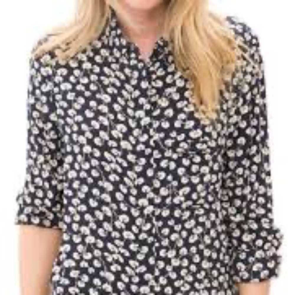GANNI navy button blouse EU 42 US 10/12 floral leaf viscose long sleeve pocket